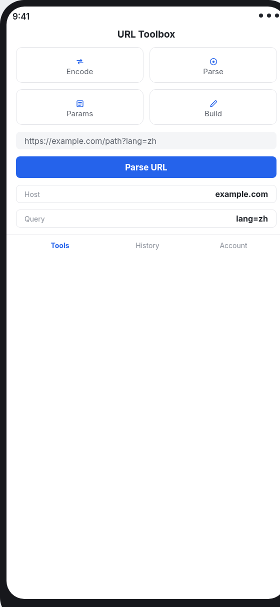 URL Toolbox mobile app interface on Android